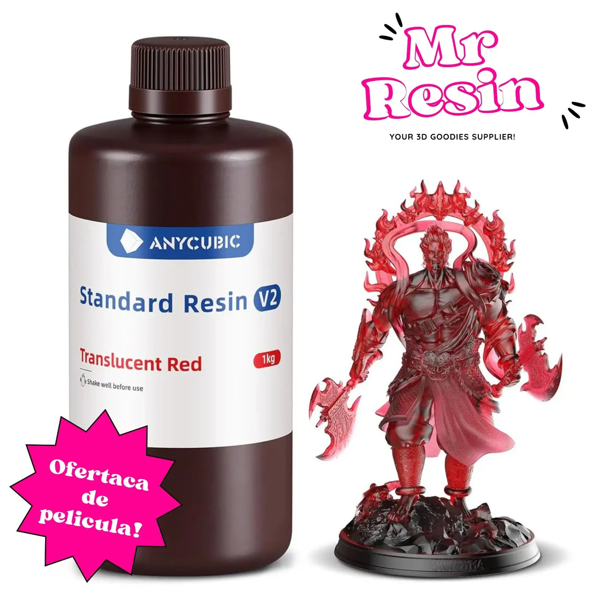 Botella de resina Anycubic V2 roja translúcida de 1kg junto a una detallada figura impresa en 3D de color rojo brillante.