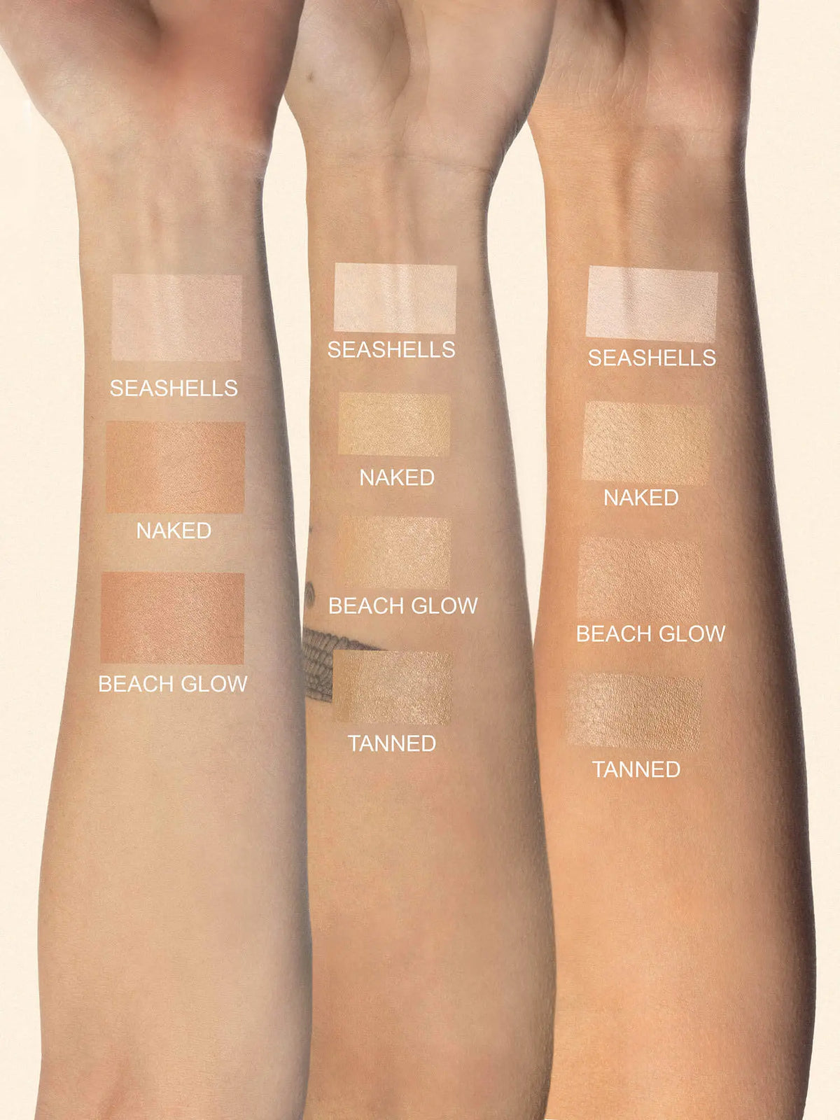 Three arms showing swatch color comparisons of CC cream shades: Seashells, Naked, Beach Glow, and Tanned.
