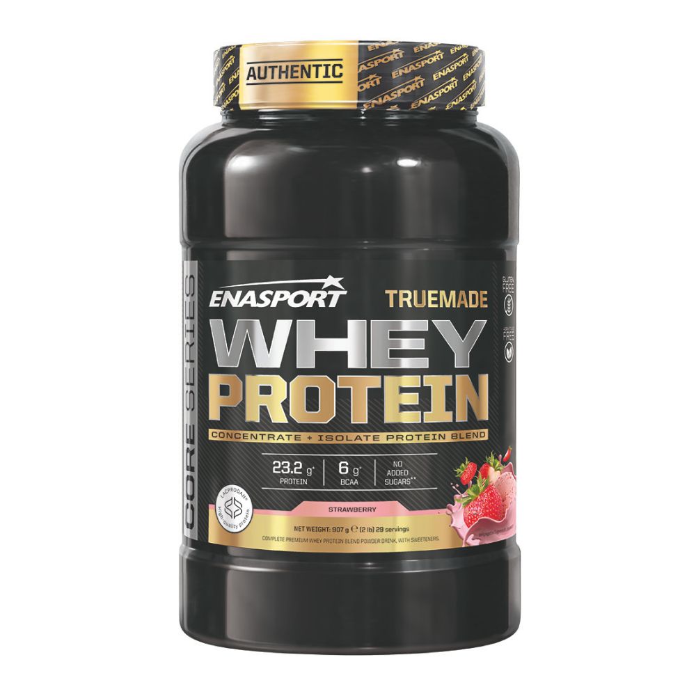 Black whey protein powder jar with gold accents, featuring strawberry flavor and 23.2g of protein per serving.
