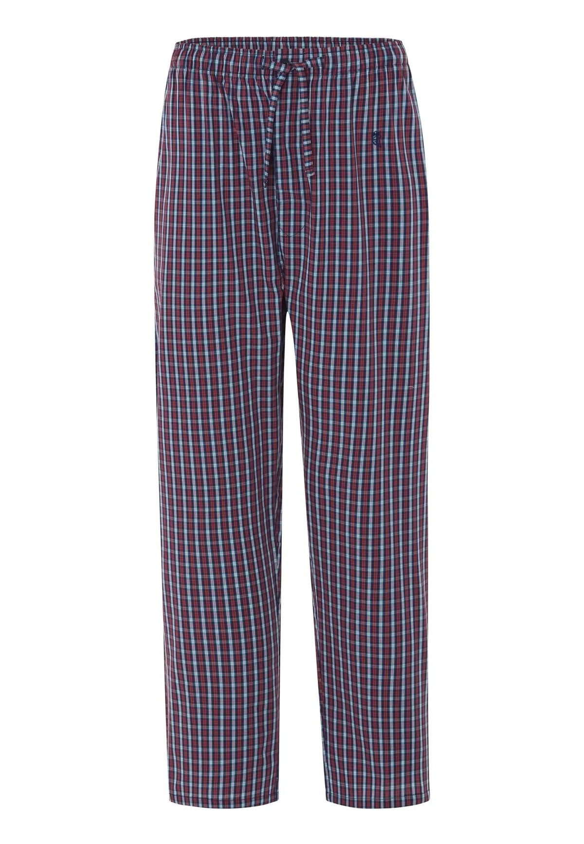 Pantalón de pijama largo para hombre de algodón popelín, con estampado de cuadros en tonos rojos y azules, ajuste recto.