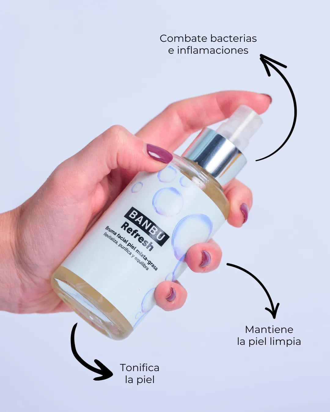 Mano sosteniendo tónico facial Banbu Refresh con etiquetas explicativas sobre fondo blanco.