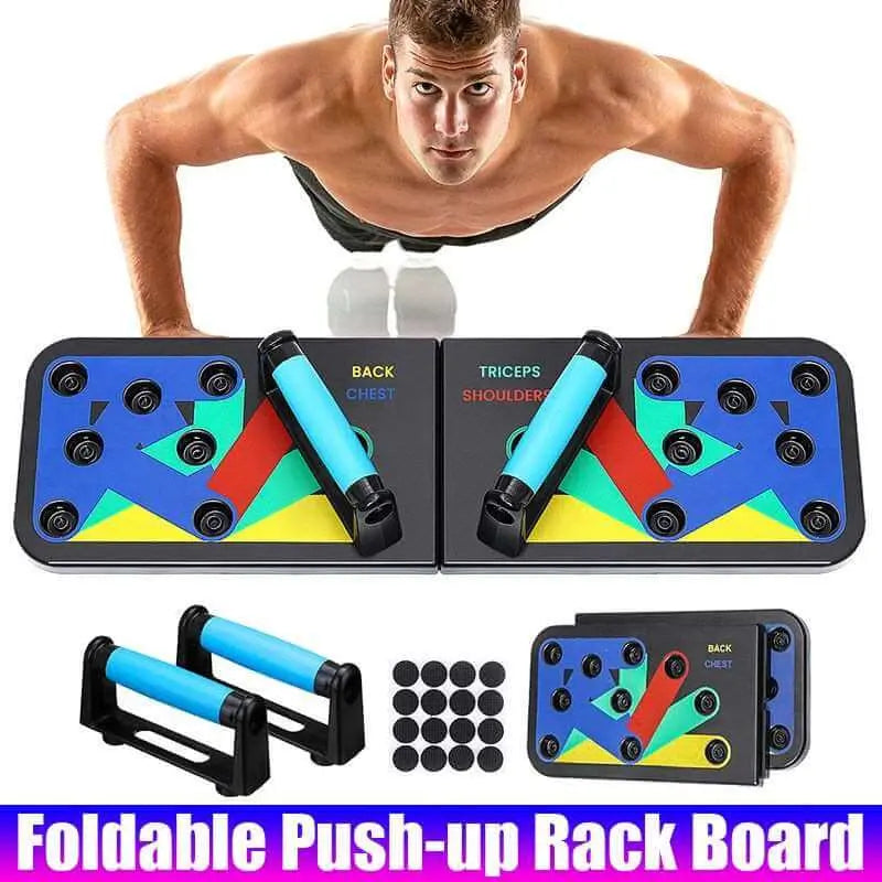 Tabla de flexiones plegable negra con zonas codificadas por colores y empuñaduras azules para entrenamiento muscular.