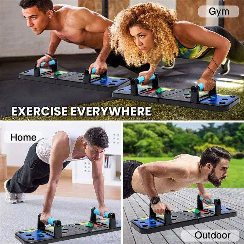 Tabla de flexiones plegable negra con agarraderas azules. Varios paneles de colores para diferentes ejercicios físicos.