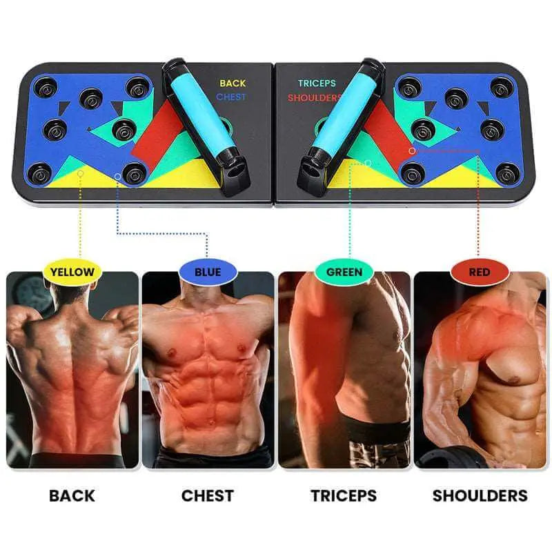 Tabla de flexiones plegable con empuñaduras y códigos de colores para trabajar espalda, pecho, tríceps y hombros.