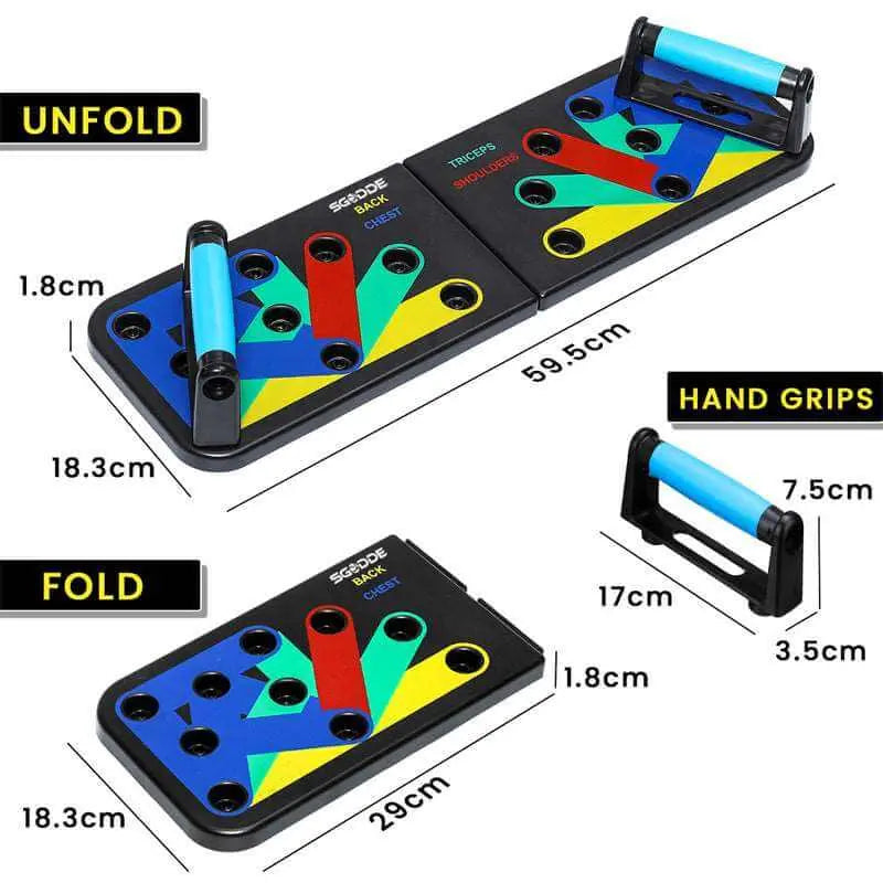 Tabla de flexiones negra plegable con guías de colores para ejercicios, incluye dos agarres desmontables con asa azul.