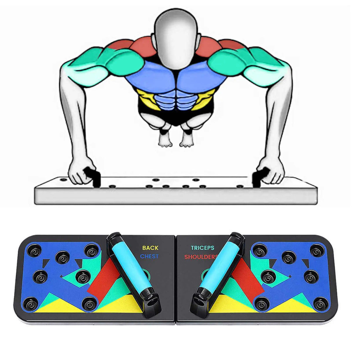 Tabla de flexiones plegable con empuñaduras y códigos de colores para identificar grupos musculares de entrenamiento.