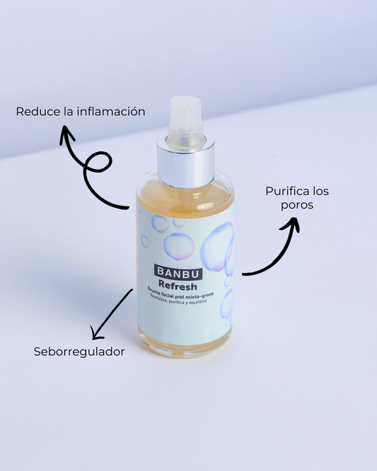 Tónico facial Banbu Refresh en frasco transparente con etiquetas de burbujas sobre fondo blanco, con beneficios señalados.