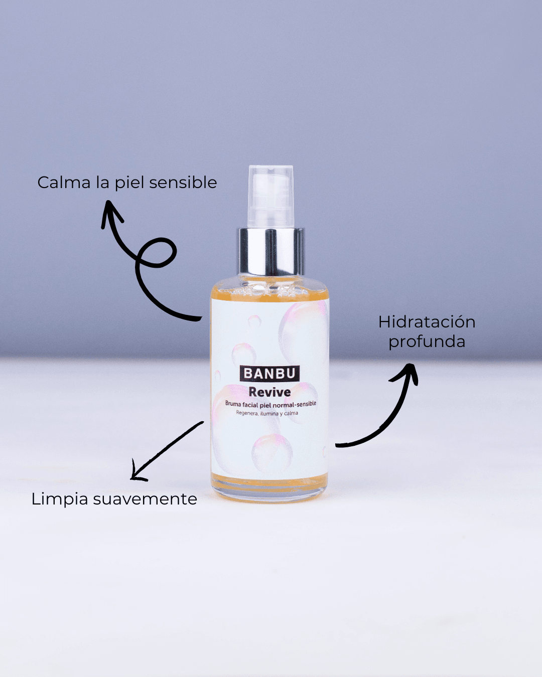 Frasco de vidrio con tónico facial Banbu Revive para piel sensible, con vaporizador y flechas que indican sus beneficios.