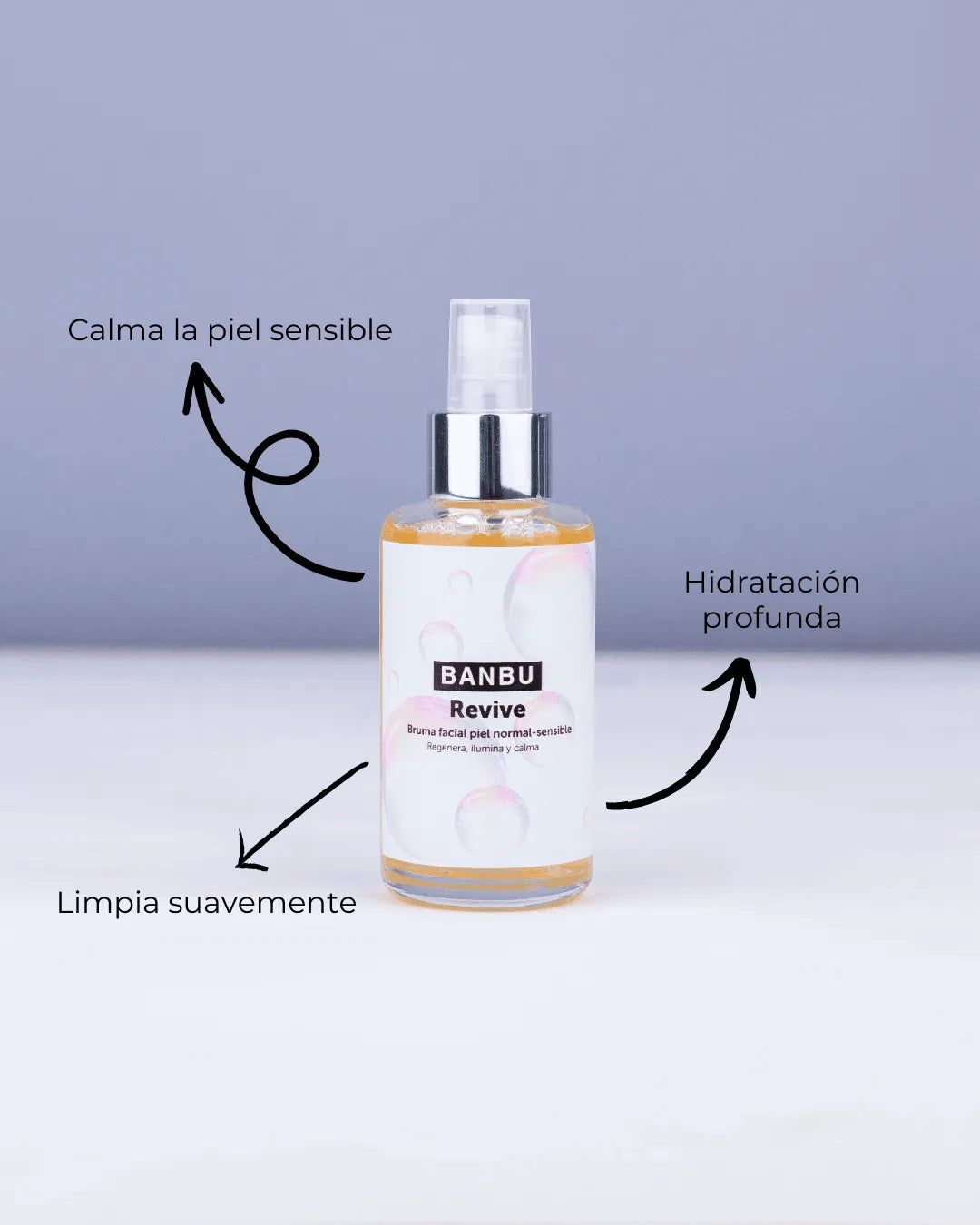 Frasco de vidrio con tónico facial Banbu Revive para piel sensible, con vaporizador y flechas que indican sus beneficios.