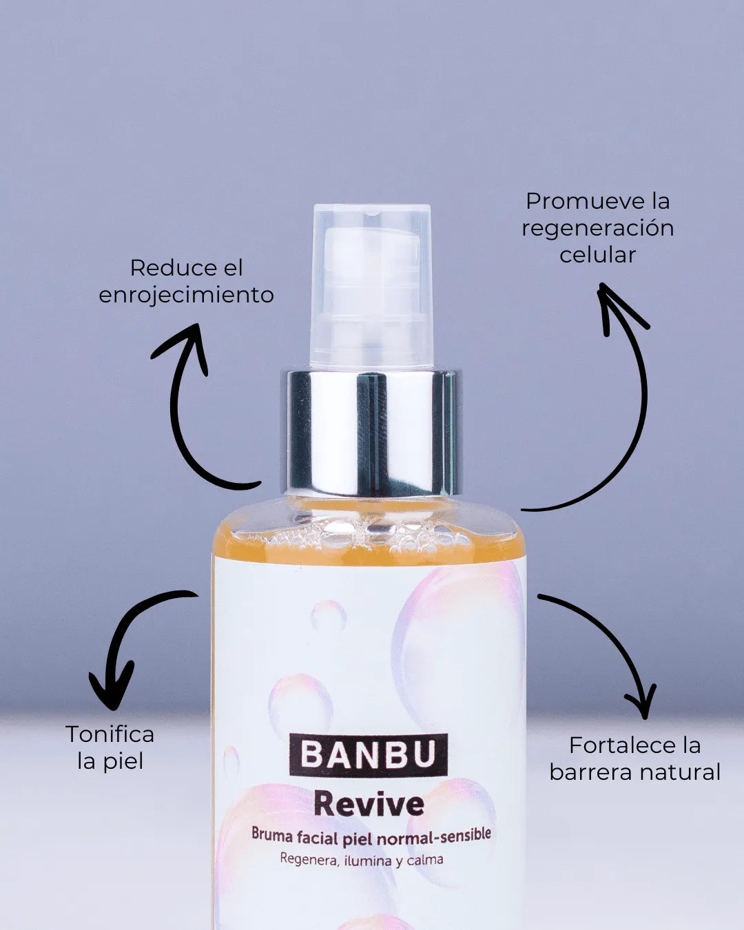 Tónico facial Banbu Revive en envase transparente con líquido dorado, atomizador plateado y flechas de beneficios.