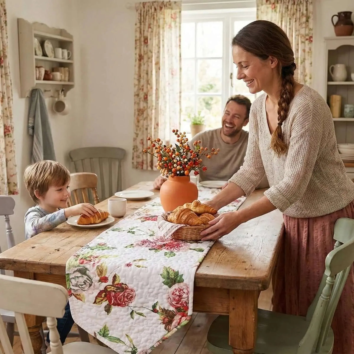 Quilted dining table runner with pink and white rose floral print on a rustic wooden table in a cozy home setting.