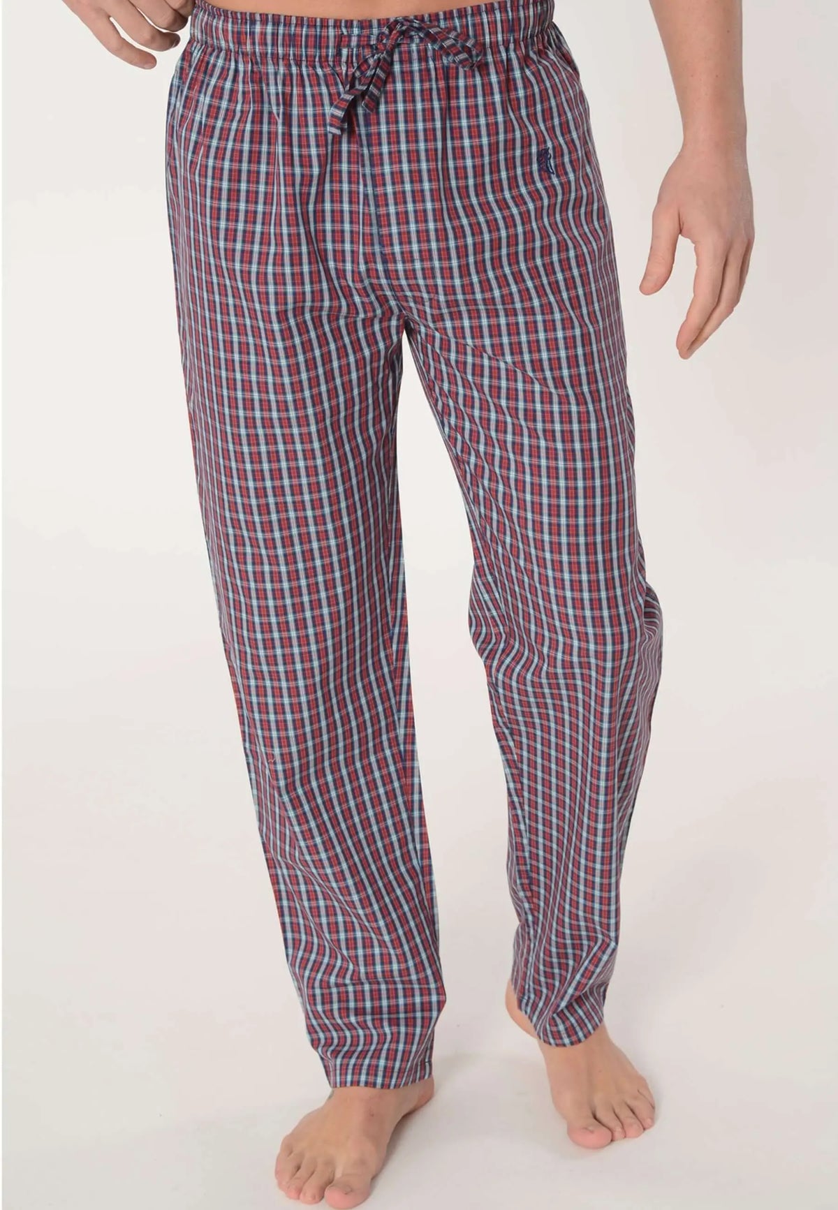 Pantalón de pijama largo para hombre de algodón, estampado de cuadros rojos y azules con ajuste de cintura elástica.