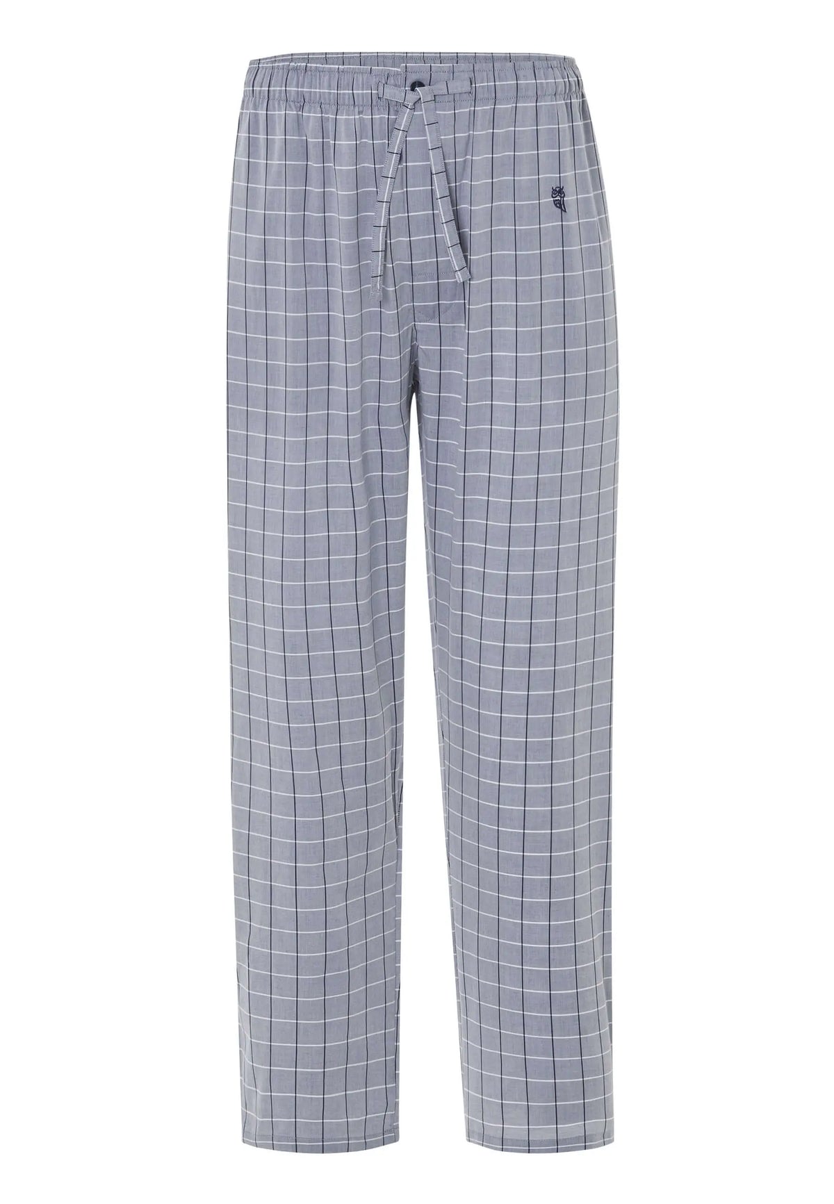 Pantalón largo de pijama para hombre en algodón popelín gris con estampado de cuadros, corte recto y cintura elástica.