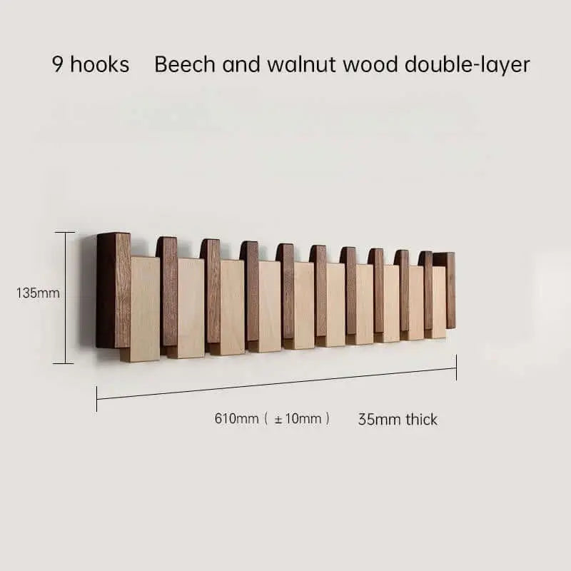 Perchero de pared estilo escandinavo con 9 ganchos plegables de madera clara y oscura, diseño minimalista y moderno.