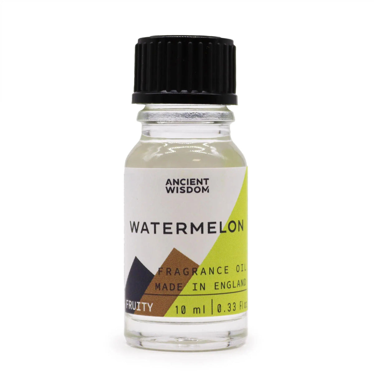 Frasco de vidrio transparente de 10 ml con tapón negro y etiqueta decorada en tonos verde y marrón para esencia frutal