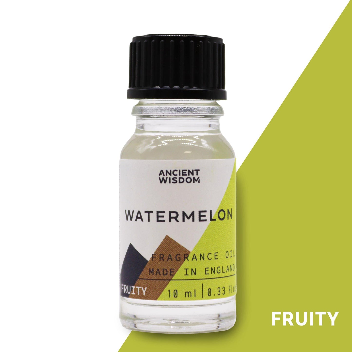 Frasco pequeño de vidrio transparente con aceite aromático de sandía, tapa negra y etiqueta con detalles verde y café.
