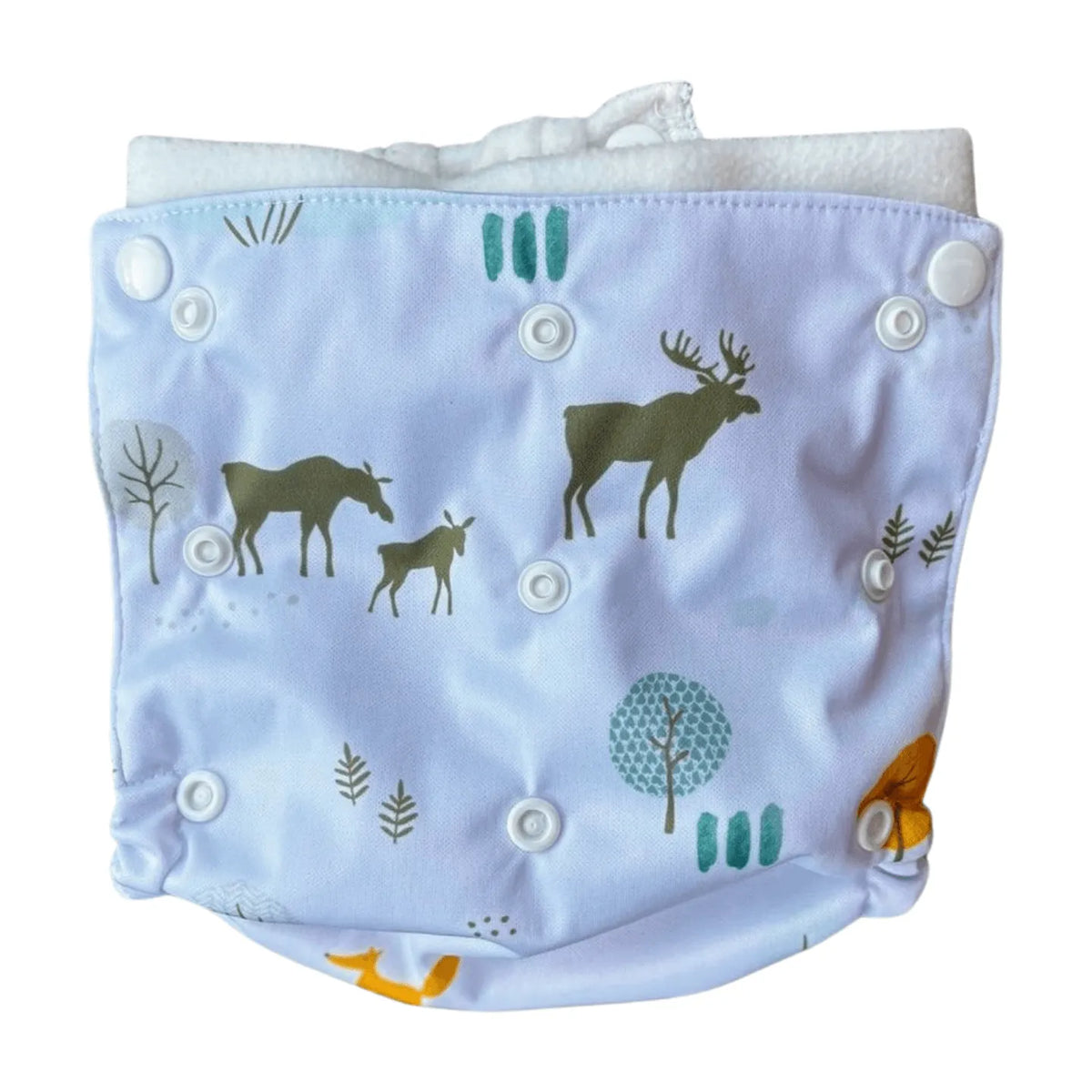 All-in-two diaper cover with white lining, snap closures, and a printed forest theme featuring moose and trees.