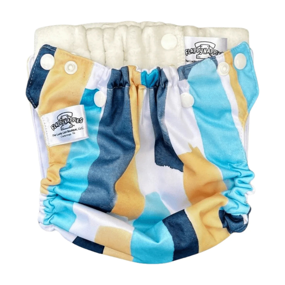All-in-two diaper cover with blue, yellow, and white watercolor stripes, white snaps, and elasticized leg gussets.
