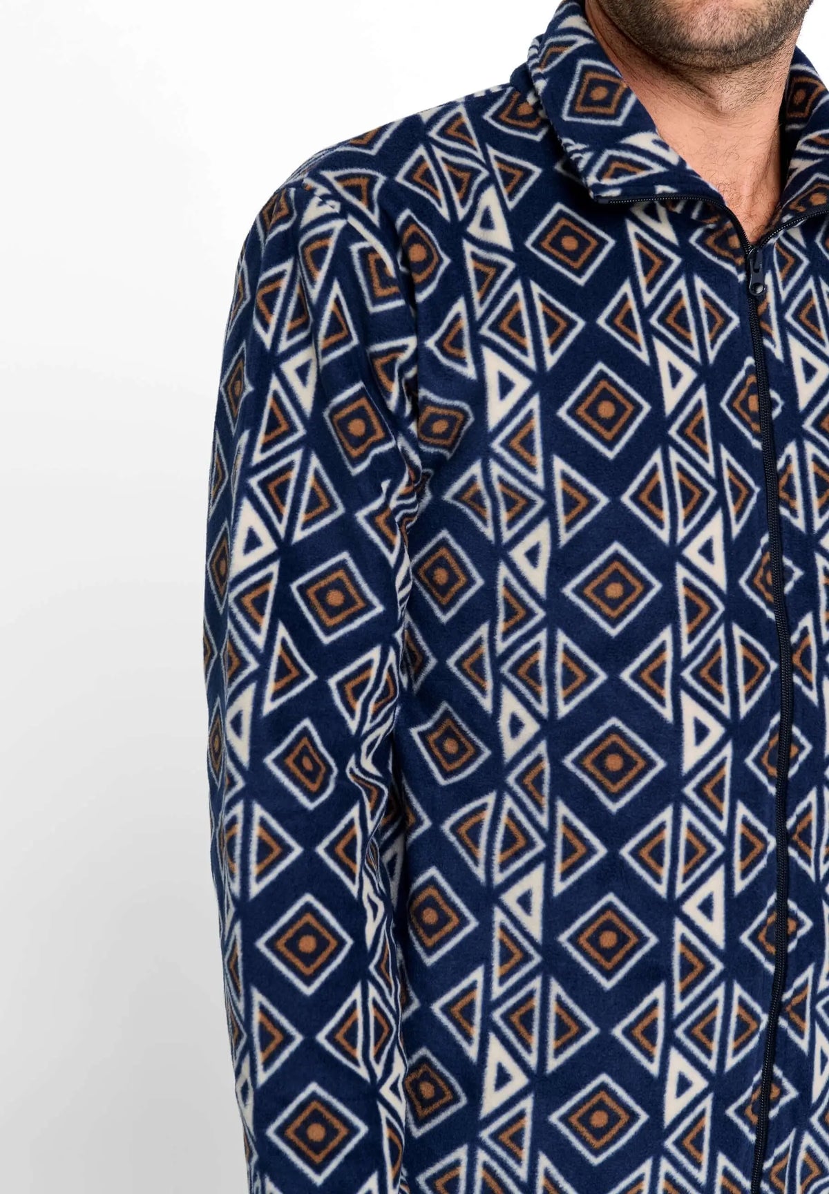 Chaqueta de pijama para hombre de forro polar azul con estampado geométrico y cremallera, ideal para invierno.