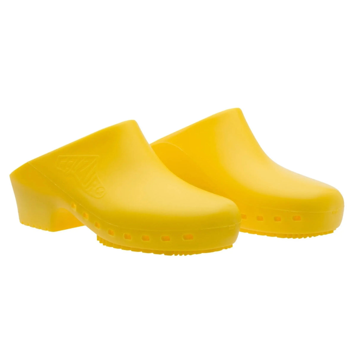 Bright yellow slip-on clogs with a solid, hole-free design and textured non-slip soles against a white background.