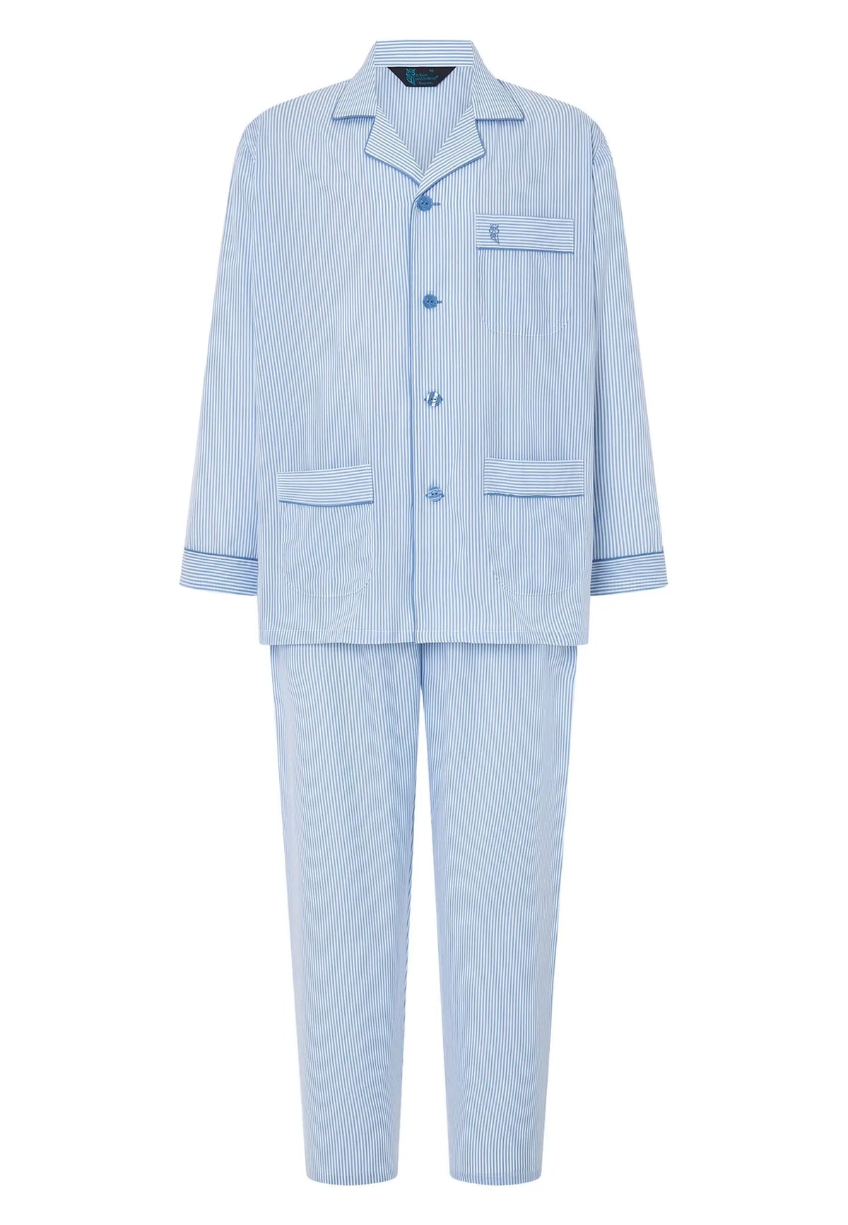 Pijama de hombre azul de rayas verticales, con solapas, botones, tres bolsillos y manga larga, estilo clásico.