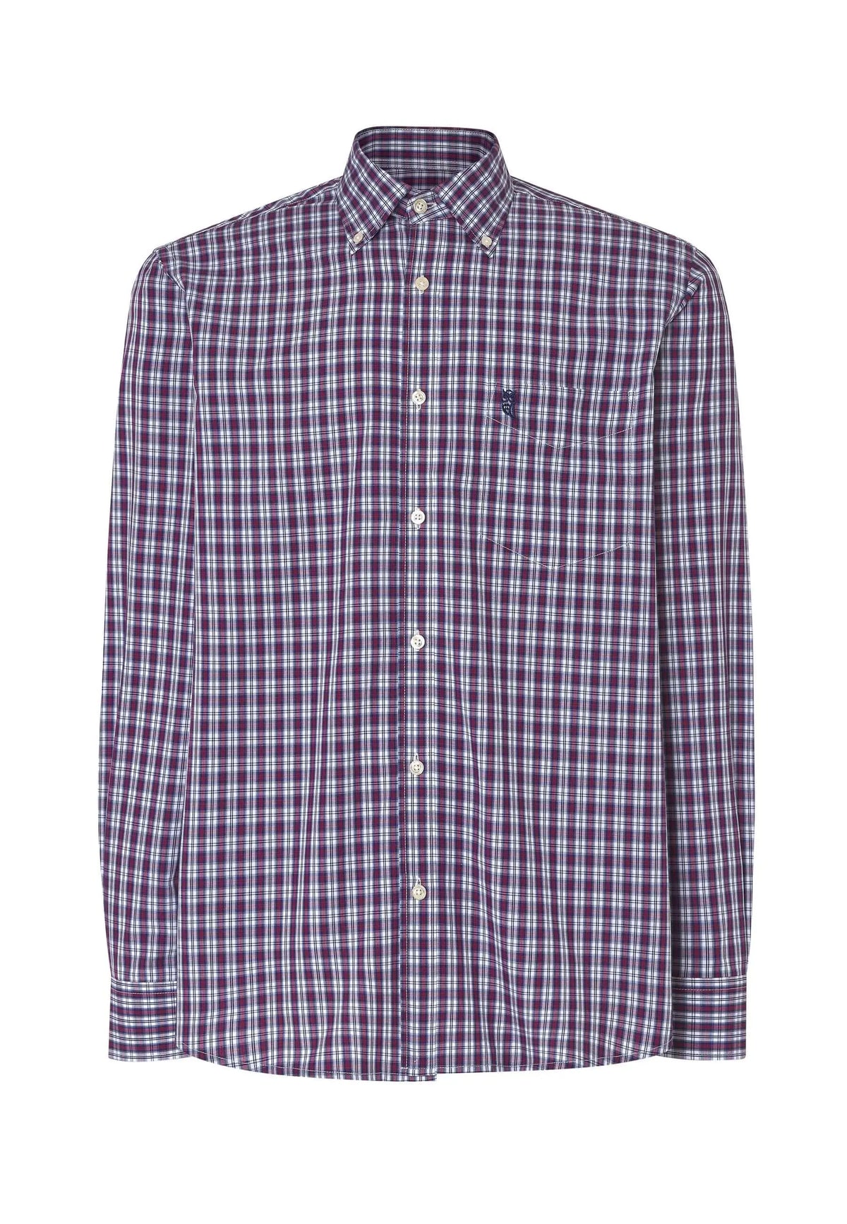 Camisa de hombre manga larga, popelín de cuadros rojos y blancos, corte clásico con bolsillo y cuello abotonado.