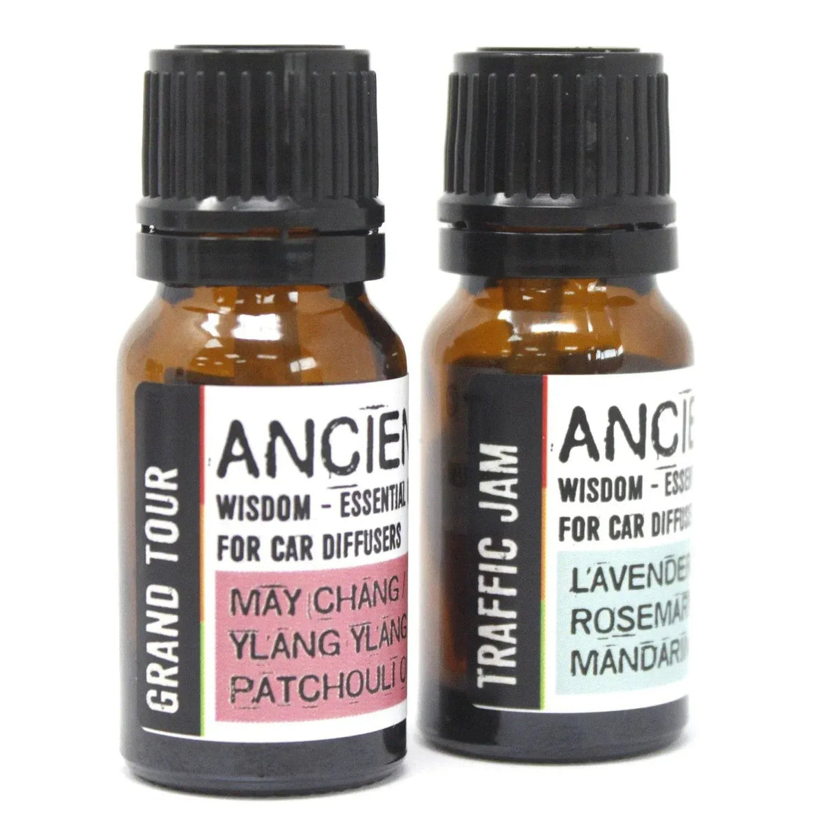 Dos frascos de vidrio ámbar de 10ml con tapa negra, etiquetas informativas para difusor de aromaterapia de coche.