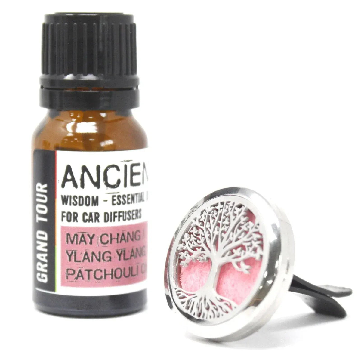 Frasco de aceite esencial de 10ml junto a un difusor metálico redondo para coche con diseño de árbol de la vida.