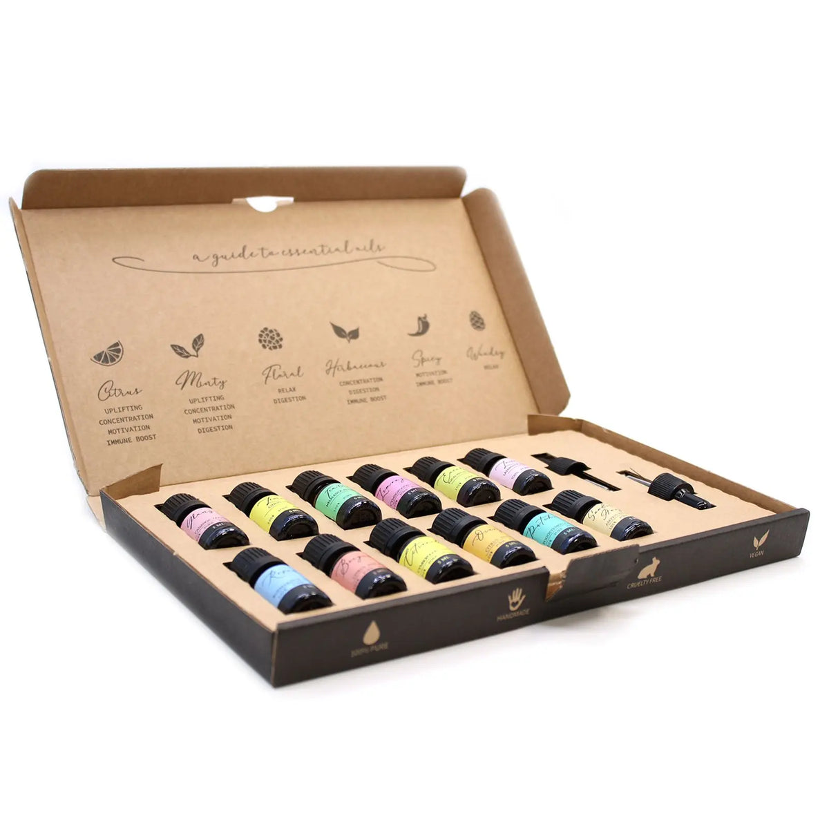 Set de 12 aceites esenciales en frascos coloridos dentro de una caja de cartón con guía informativa.