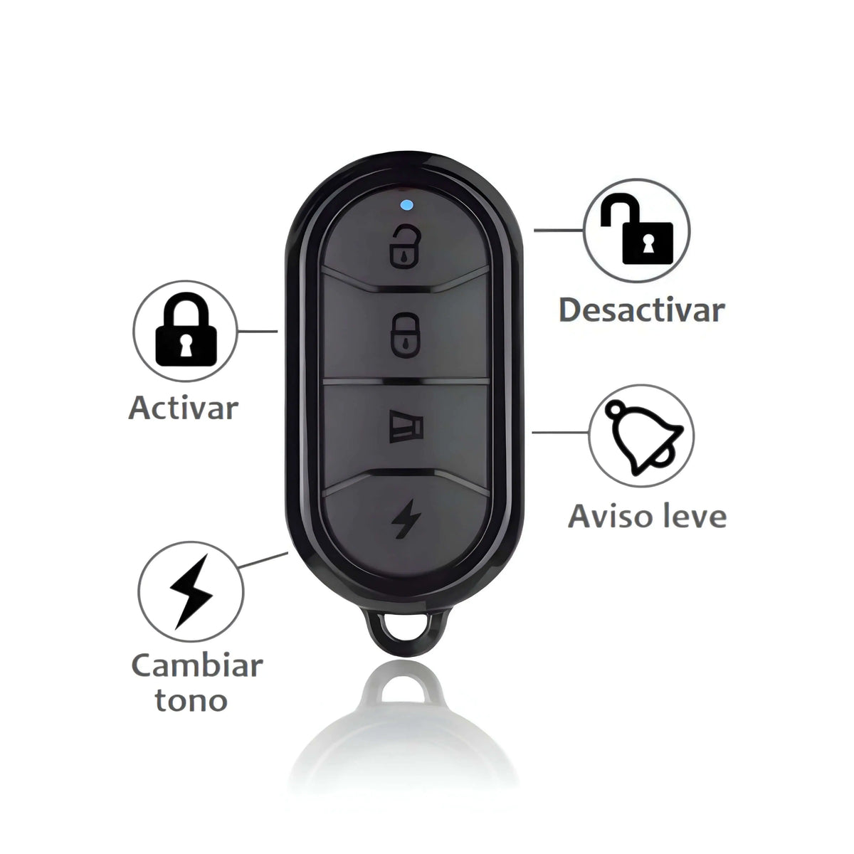 Mando negro inalámbrico para alarma de moto ChuchesMoto con cuatro botones e iconos de funciones de seguridad.