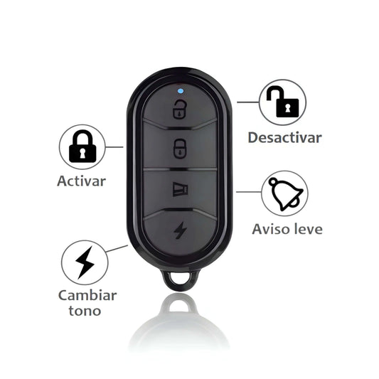 Mando negro inalámbrico para alarma de moto ChuchesMoto con cuatro botones e iconos de funciones de seguridad.