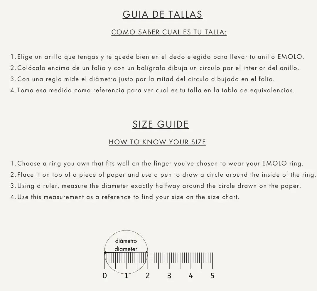 Guía de tallas anillo EMOLO, papel blanco con texto negro, instrucciones claras y concisas para medir diámetro.