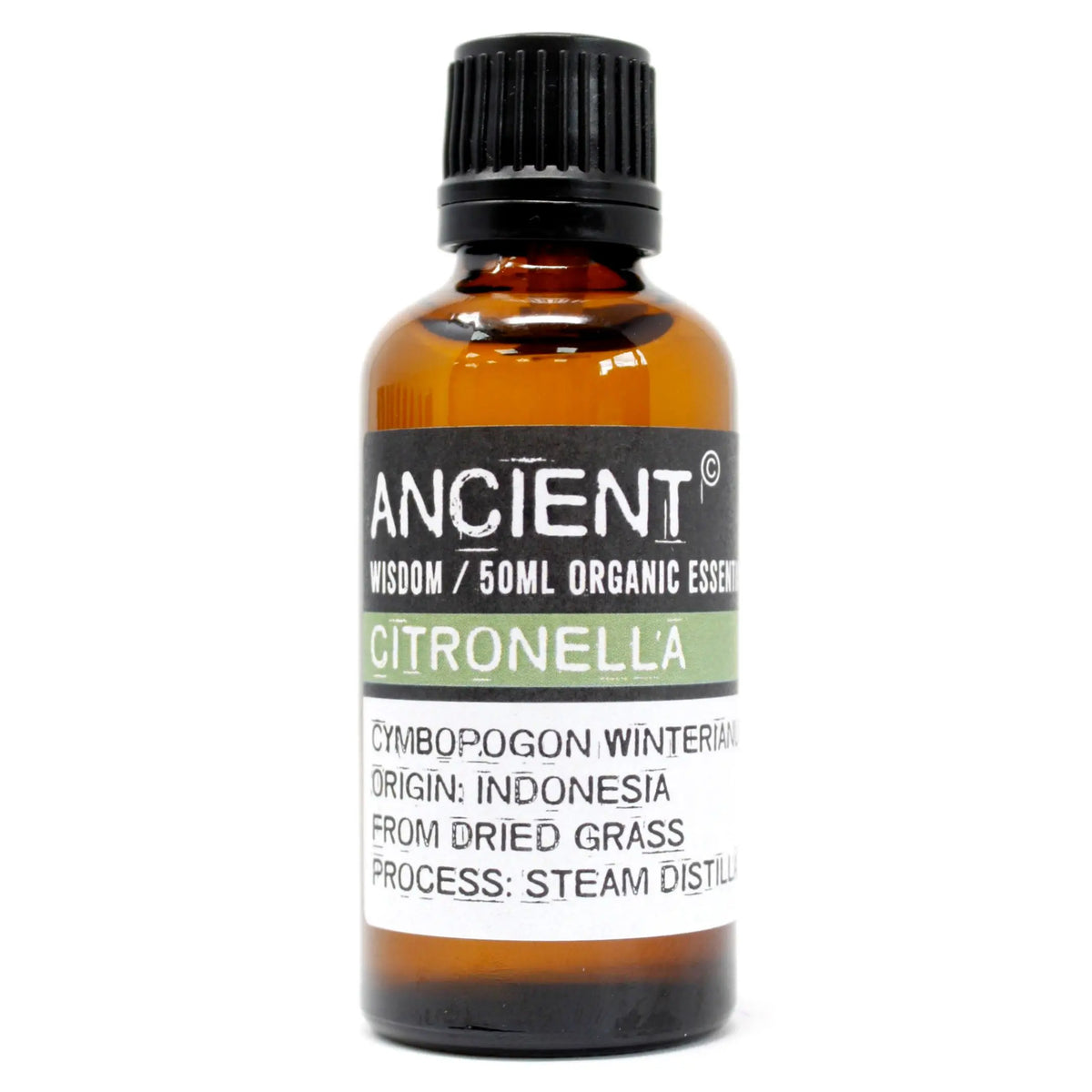 Frasco de vidrio ámbar de 50ml con aceite esencial de citronela Ancient Wisdom, tapa negra y etiqueta informativa.