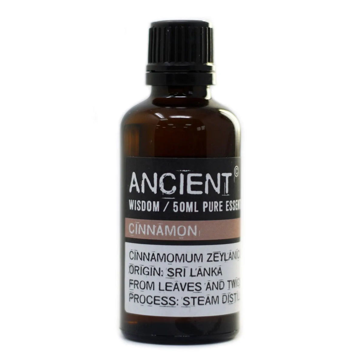 Frasco de vidrio ámbar de 50ml con aceite esencial de canela, etiqueta informativa blanca y negra, tapa negra de rosca.