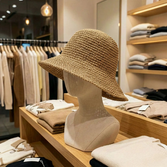 Sombrero de paja trenzada color marrón claro en tienda de moda, ideal para estilo casual y verano.