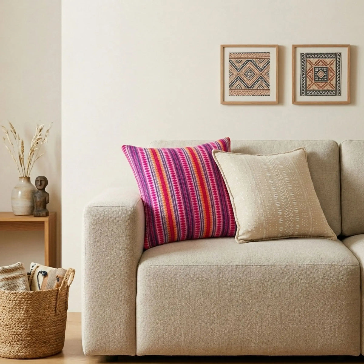 Cojines decorativos de colores rosa y beige sobre sofá gris claro en ambiente moderno y minimalista.