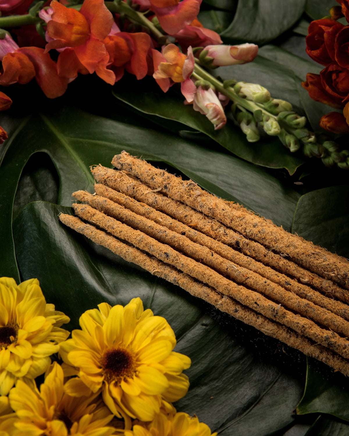 Varas de incienso botánico sobre hoja verde, decoradas con flores amarillas y naranjas brillantes.
