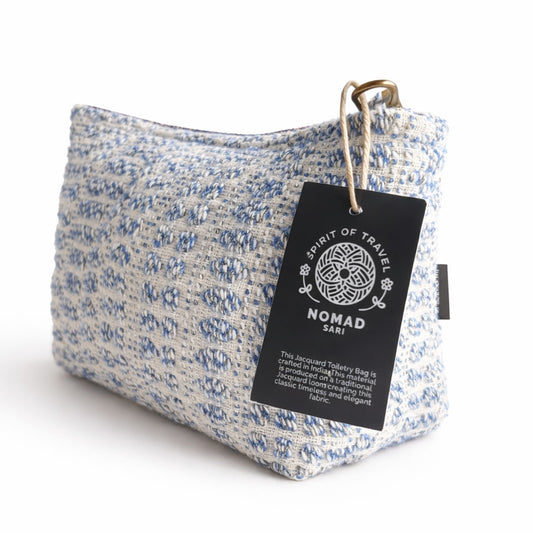 Bolso de tocador de sari reciclado en azul y blanco, de algodón, estilo bohemio y elegante.