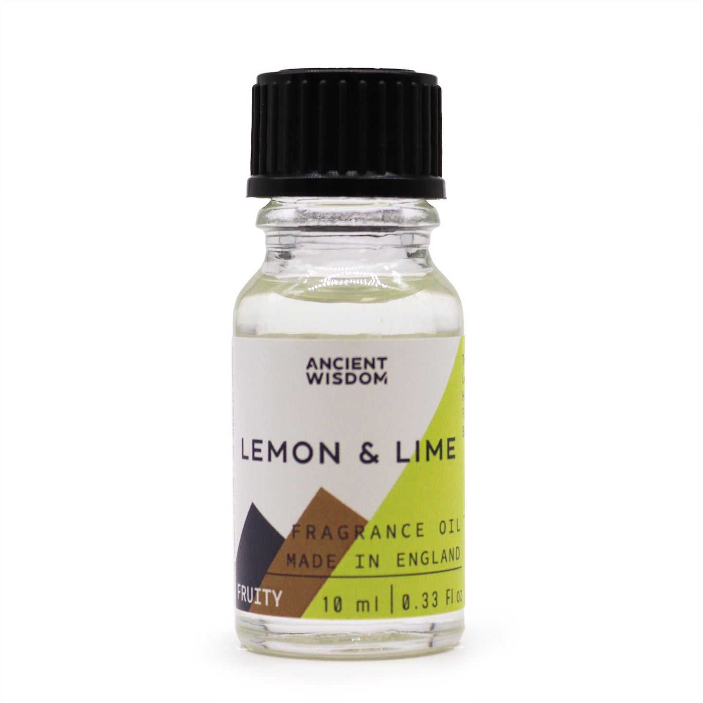 Frasco de vidrio de 10ml con tapa negra, contiene aceite de fragancia de limón y lima con etiqueta blanca y verde.