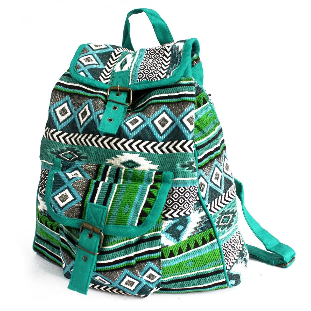 Mochila de tejido jacquard con estampado étnico geométrico en tonos verde azulado, blanco y negro. Cierre con hebilla.