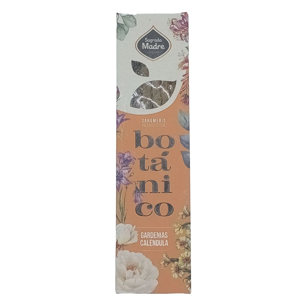 Caja rectangular de sahumerios botánicos de gardenias y caléndula, con diseño floral ilustrado sobre fondo naranja.