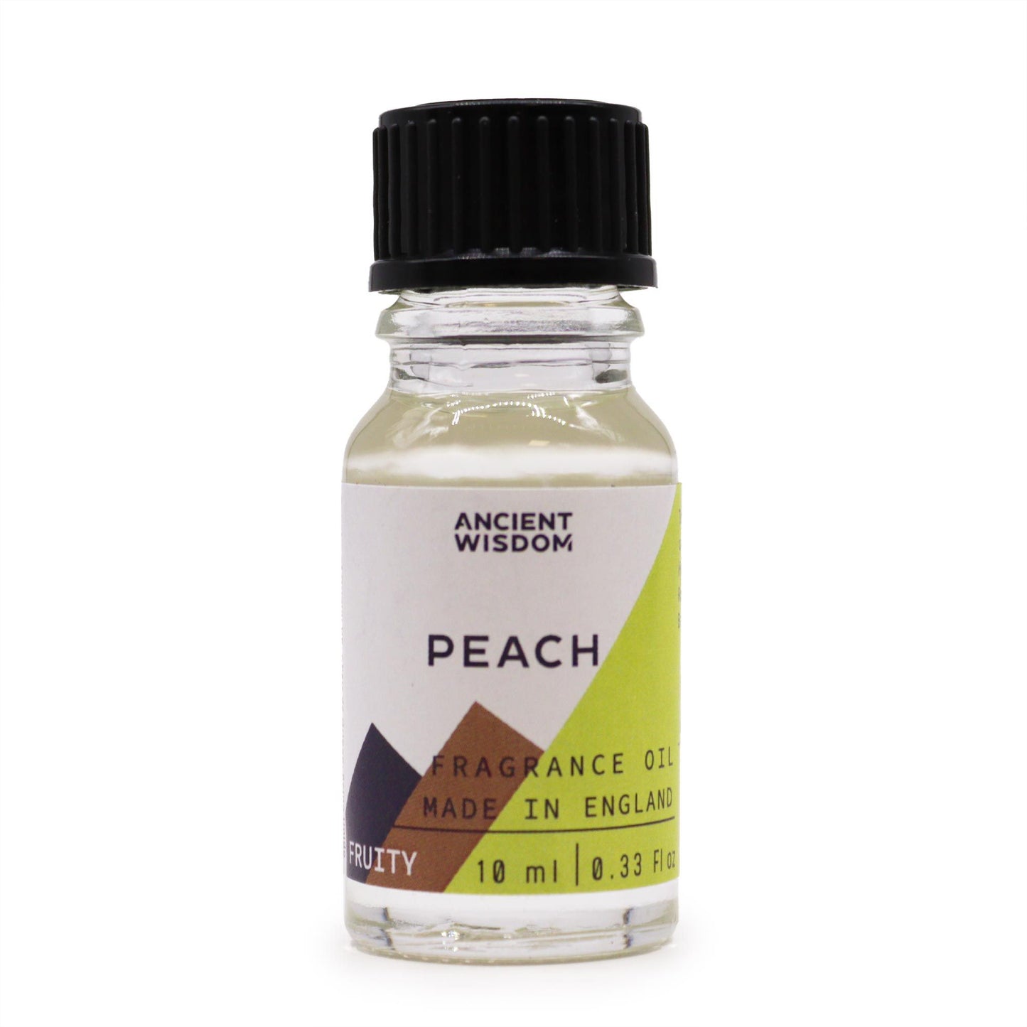 Frasco de vidrio de 10 ml con aceite de fragancia aroma melocotón, tapa negra y etiqueta blanca y verde.