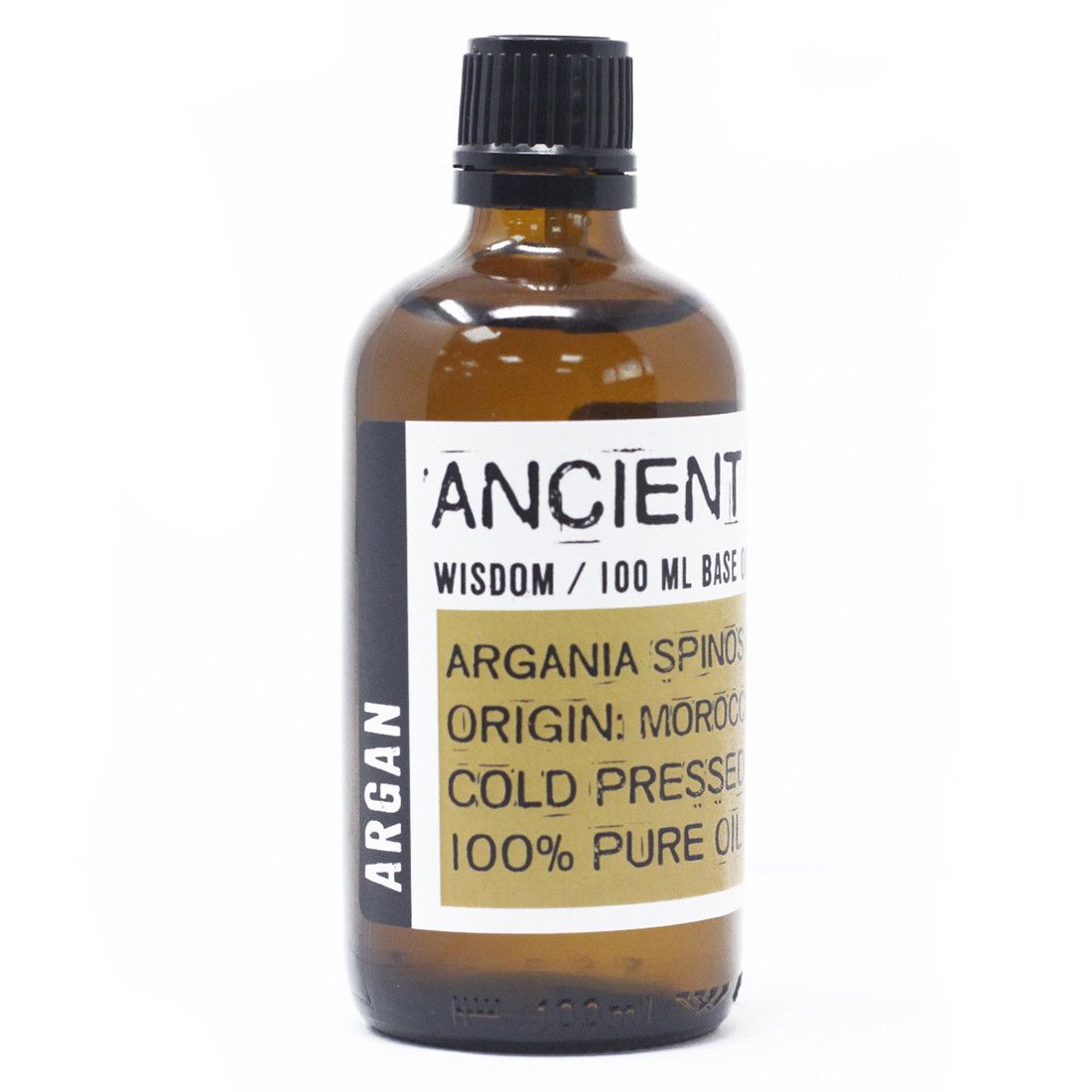 Botella de vidrio ámbar de 100ml con aceite de argán Ancient Wisdom, tapón negro y etiqueta con texto informativo.