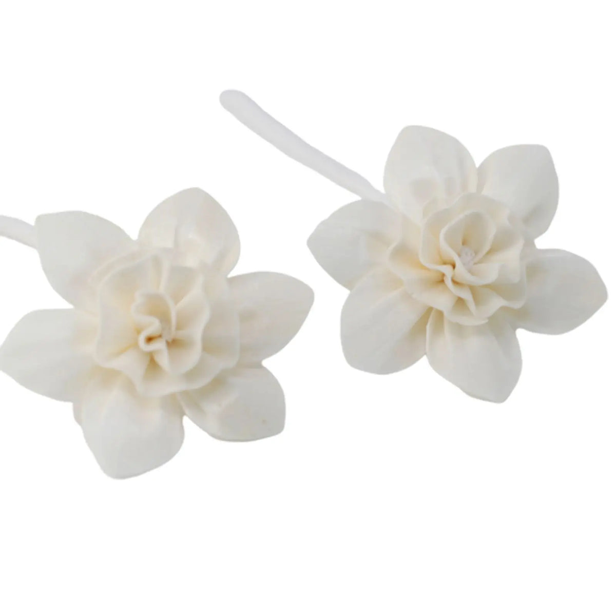 Dos flores blancas de estilo artesanal para difusor, con pétalos detallados y cuerda de algodón. Fondo blanco.