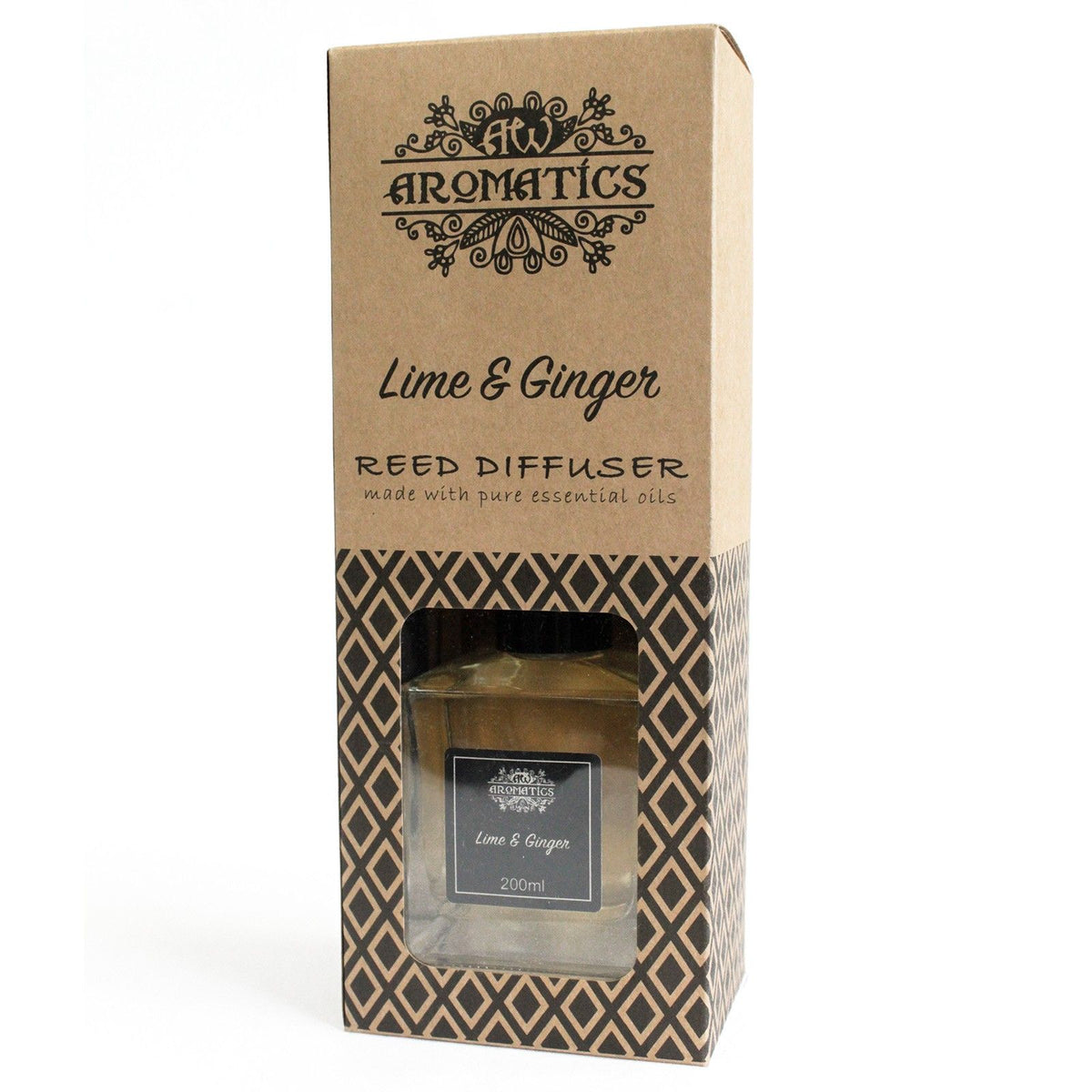 Caja de cartón kraft con difusor de vidrio de 200ml, aroma de lima y jengibre, patrón geométrico y diseño artesanal.