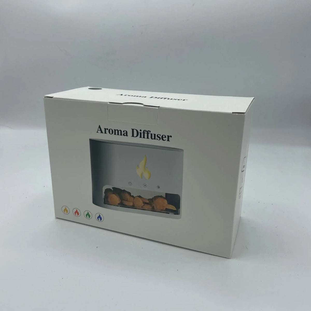 Caja blanca de difusor de aroma Blaze con efecto llama y cristales de sal del Himalaya visibles en la imagen.
