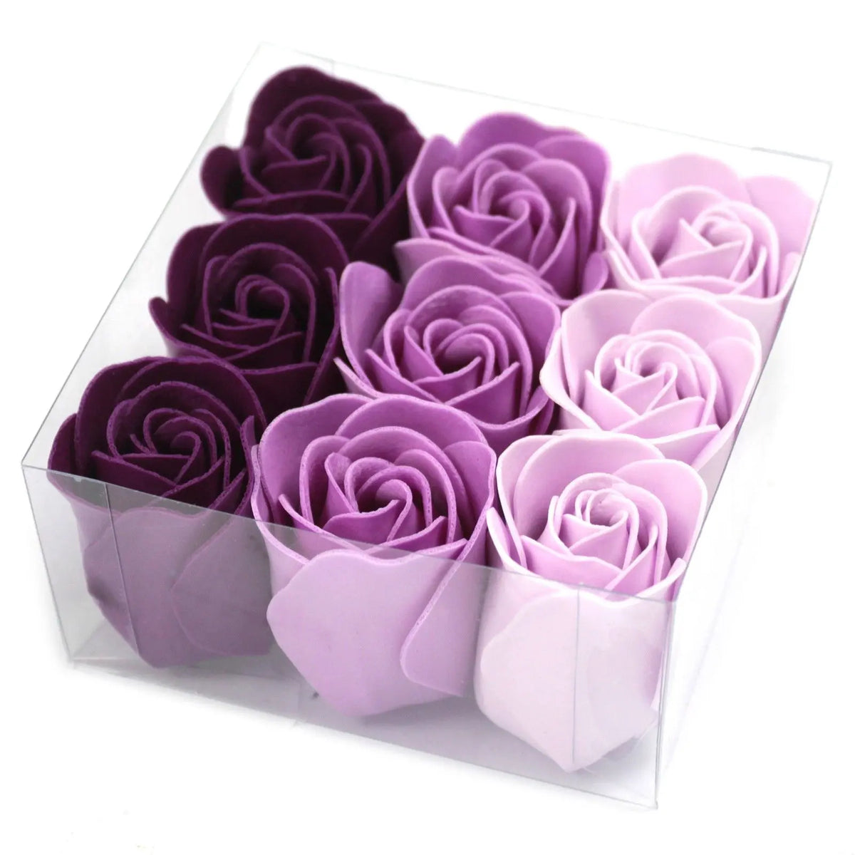 Caja transparente con 9 rosas de jabón en degradado de tonos morados y lavanda.