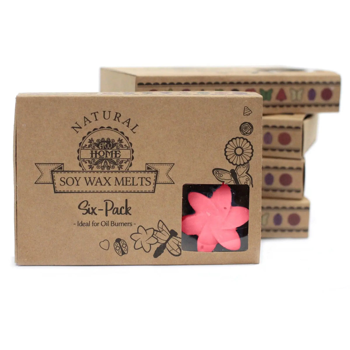 Caja de cartón kraft con ventana, mostrando una cera de soja rosa en forma de flor para quemador de aceites.