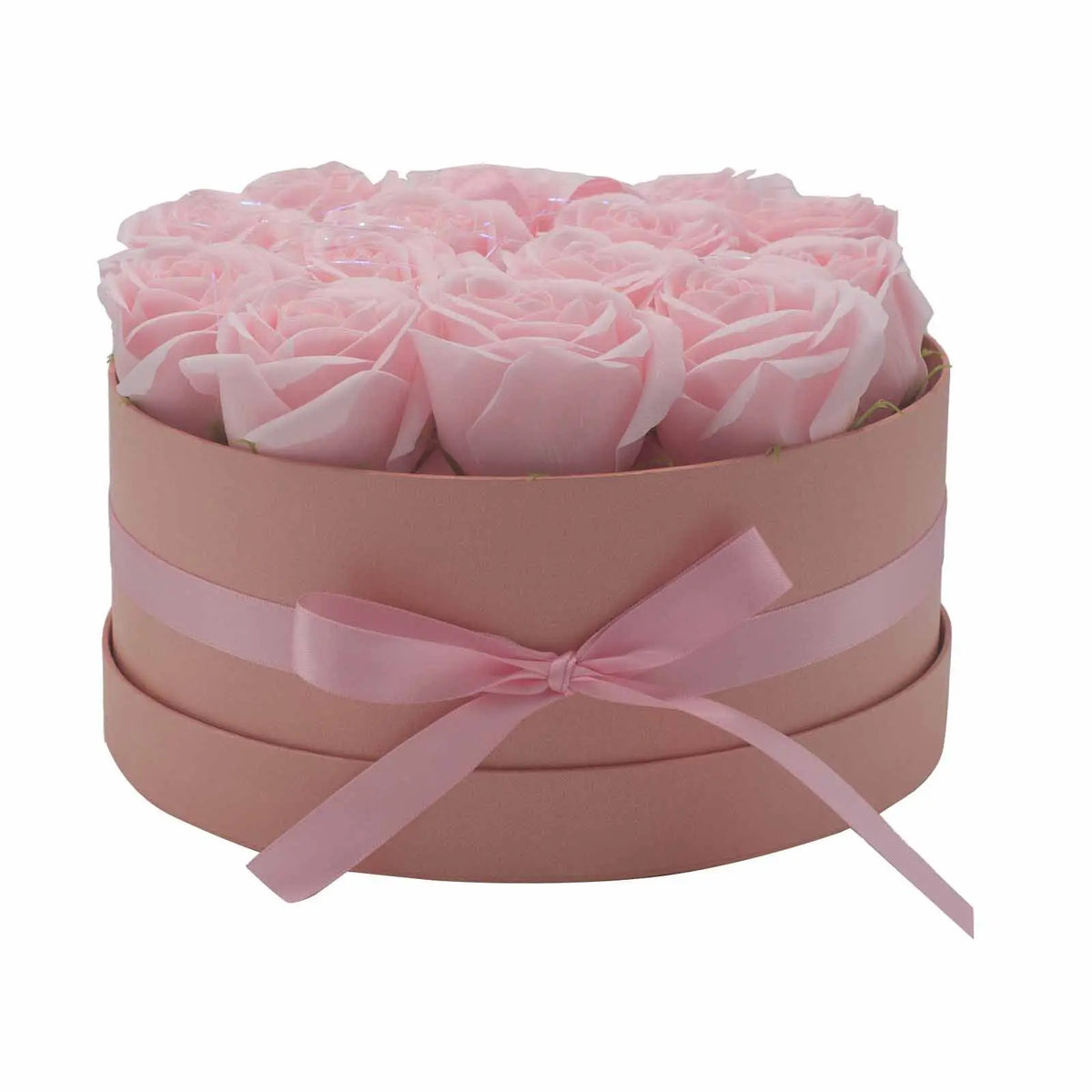 Caja redonda rosa con 14 rosas de jabón rosadas y un lazo de satén a juego. Elegante regalo floral decorativo.