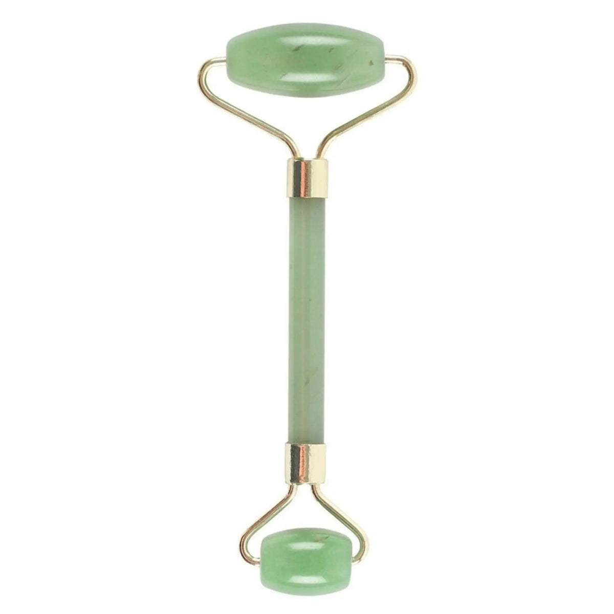 Rodillo de masaje facial de jade verde con mango de piedra y soporte metálico dorado sobre fondo blanco.